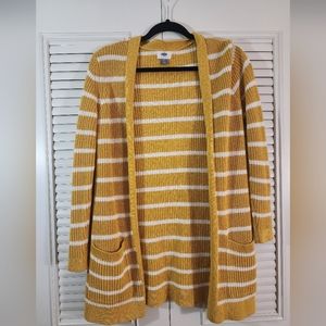 Sweater Cardigan Open Front Knit Mustard Striped Yellow XS